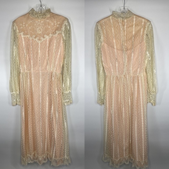 Alfred Angelo Dresses & Skirts - Vintage Alfred Angelo 60's Pink White Lace Long Sleeve High Neck Pioneer Dress